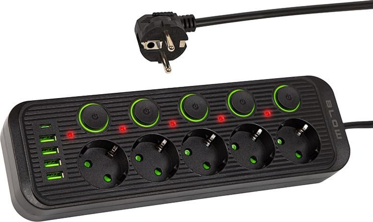 Blow 98-208# Przedłużacz sieciowy ps-530s 5-gniazd 4xusb 1xusb-c 3m czarny 2x1mm 1