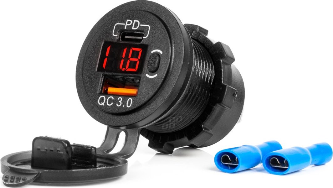Ładowarka AMiO Ładowarka samochodowa z gniazdami usb i testerem napięcia wodoodporna z włącznikiem usb + usb c qc3.0 12/24v amio-04222 1