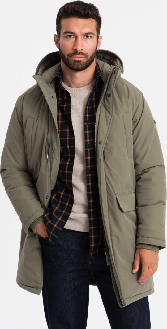 Kurtka męska Ombre Klasyczna męska długa kurtka typu parka  oliwkowa V3 OM-JALJ-0166 L 1