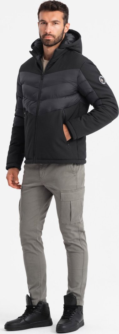 Kurtka męska Ombre Pikowana męska kurtka z łączonych materiałów z wysokim kołnierzem  czarna V1 OM-JALP-0172 M 1