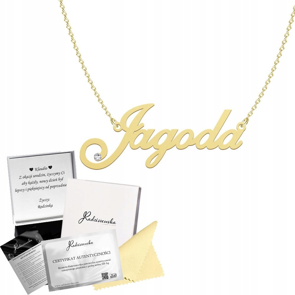 Radziszewska Jewellery Złoty Naszyjnik z imieniem JAGODA Łańcuszek SREBRO 925 Prezent DEDYKACJA
