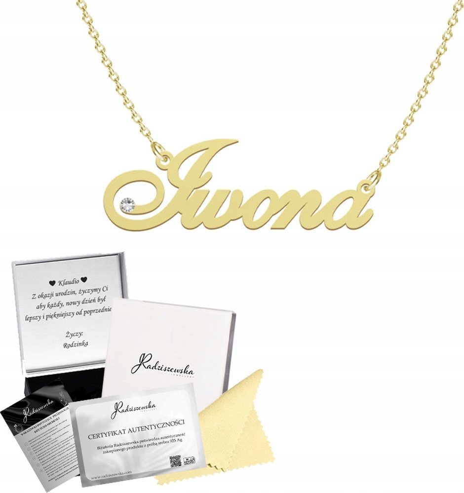 Radziszewska Jewellery Złoty Naszyjnik z imieniem Iwona Łańcuszek SREBRO 925 DEDYKACJA GRATIS