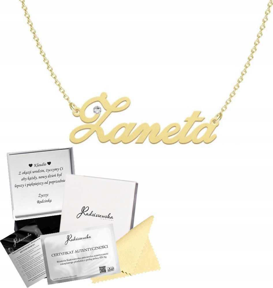 Radziszewska Jewellery Złoty Naszyjnik z imieniem Żaneta Srebro 925 Łańcuszek DEDYKACJA GRATIS