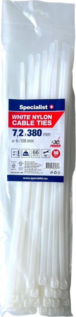 Specialist+ SPECIALIST+ nylon. strap, white, 7.2x380 mm, 50 pcs.