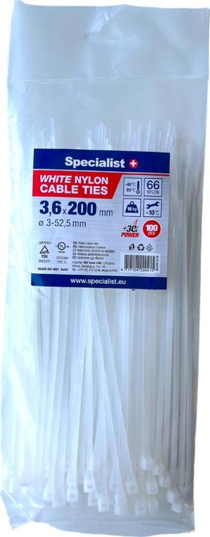 Specialist+ nylon. strap, white, 3.6x200 mm, 100 pcs.