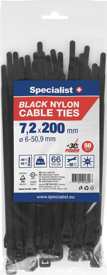 Specialist+ SPECIALIST+ nylon. strap, black, 7.2x200 mm, 50 pcs.