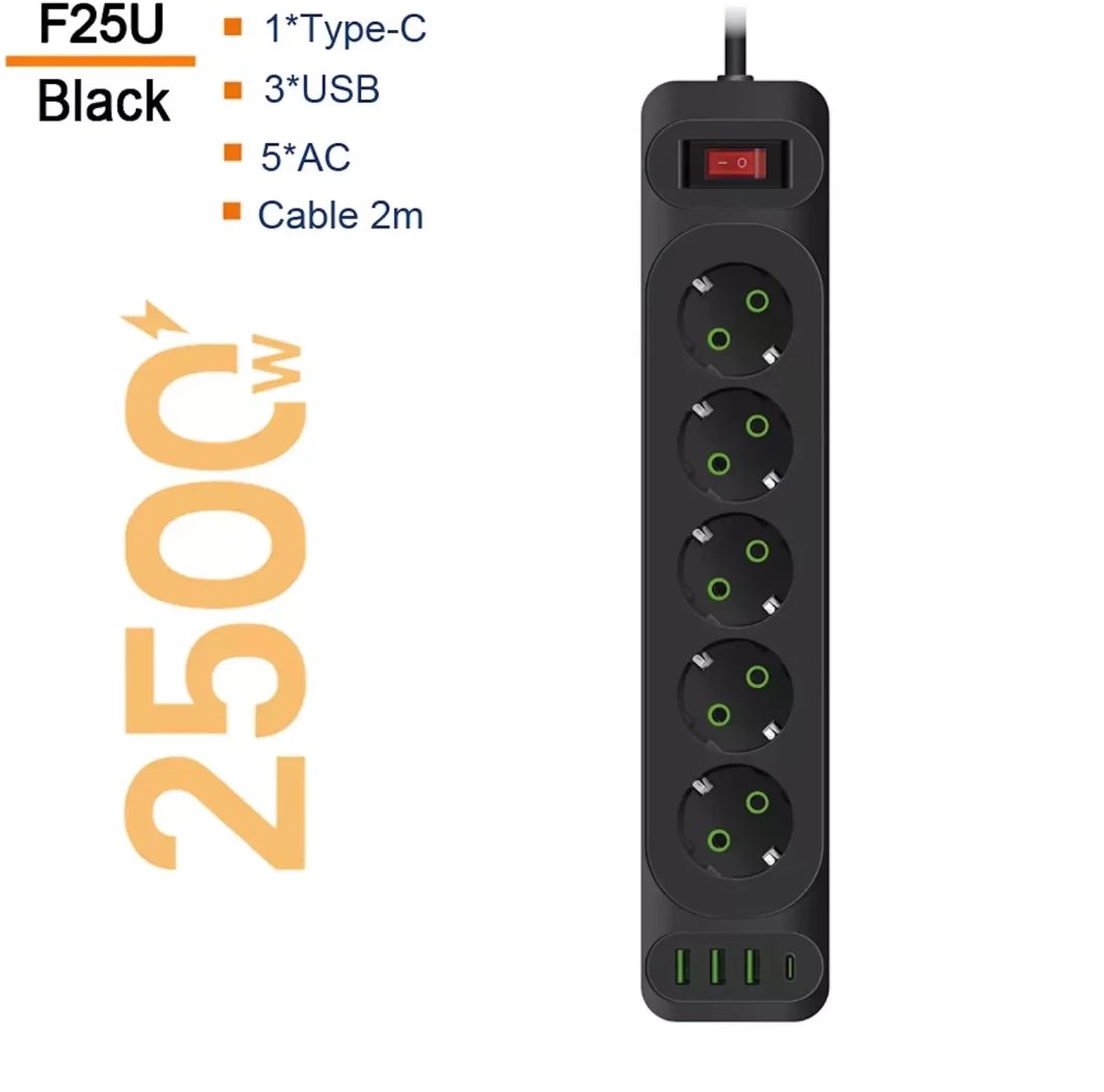 Transcend F25U 2m extension cord with 3 Sockets + 3 USB + 1 USB-C 1