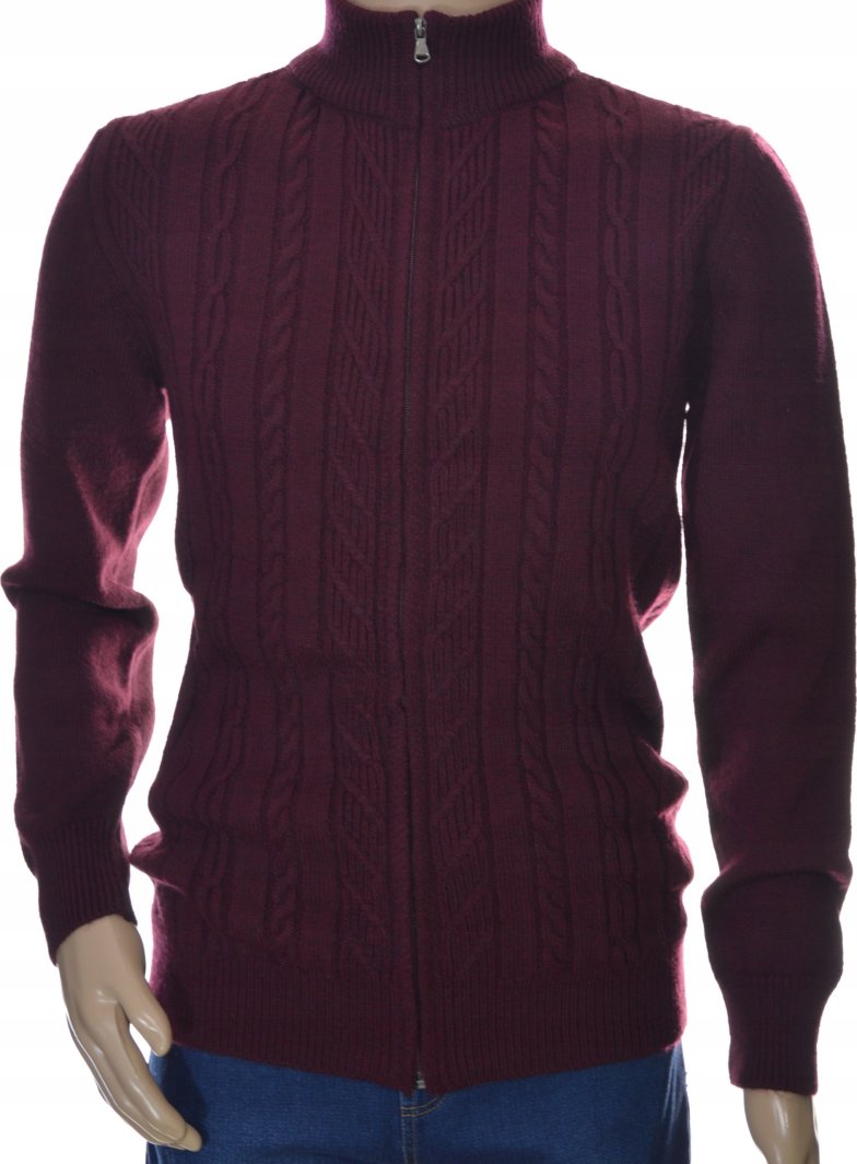 Leccos Ciepły wełniany sweter męski na zamek rozpinany szetland z wełny L bordo 1