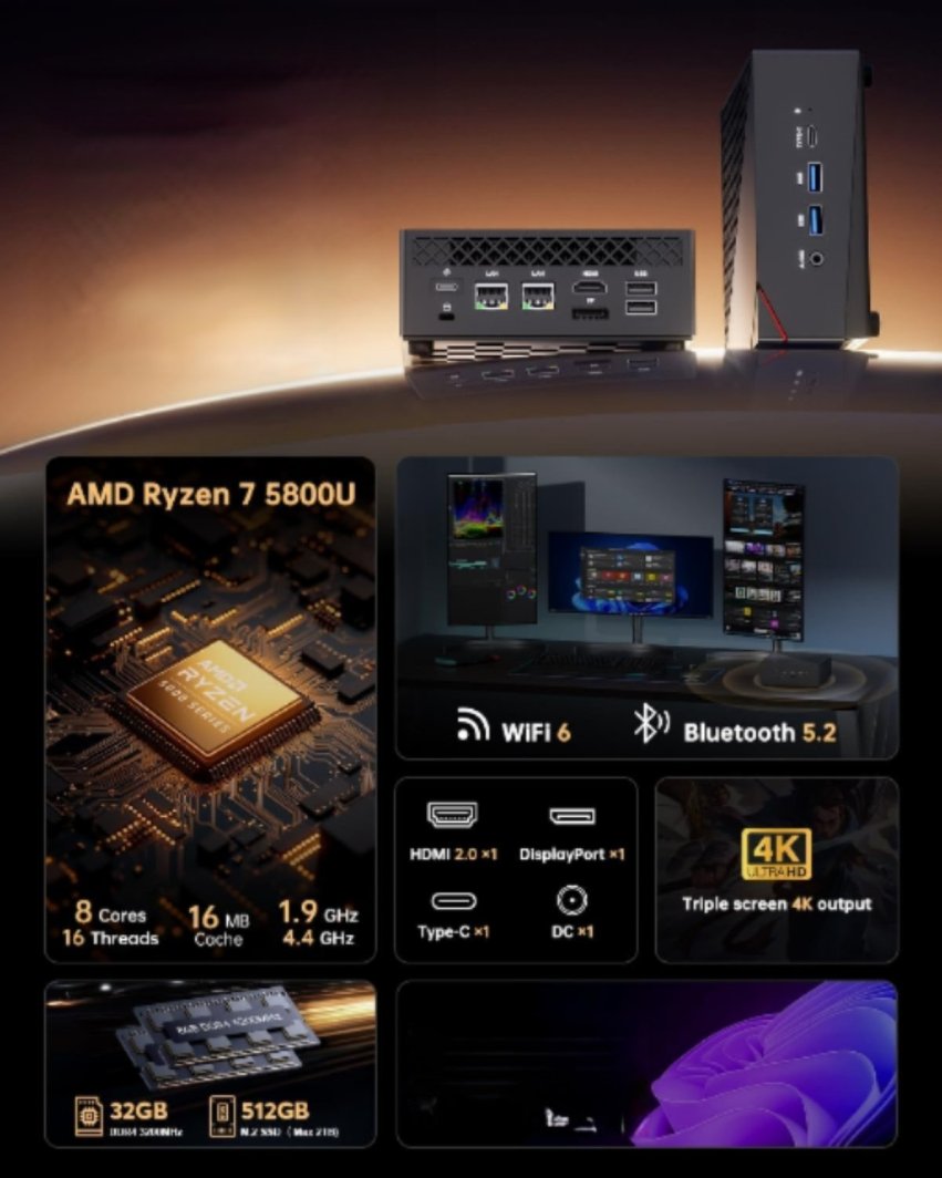 NiPoGi Komputer AM06 PRO Mini PC MD Ryzen 7 5800U 32 GB DDR4