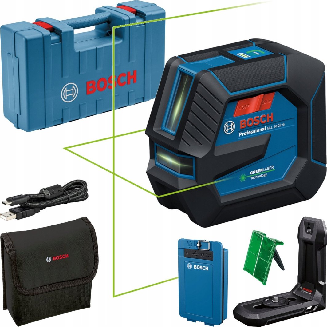 BOSCH.CROSS LASER GLL 20-22 G GREEN USB-C 1x BA 3.7V 3.0Ah XL + HOLDER LB 10 CASE 1