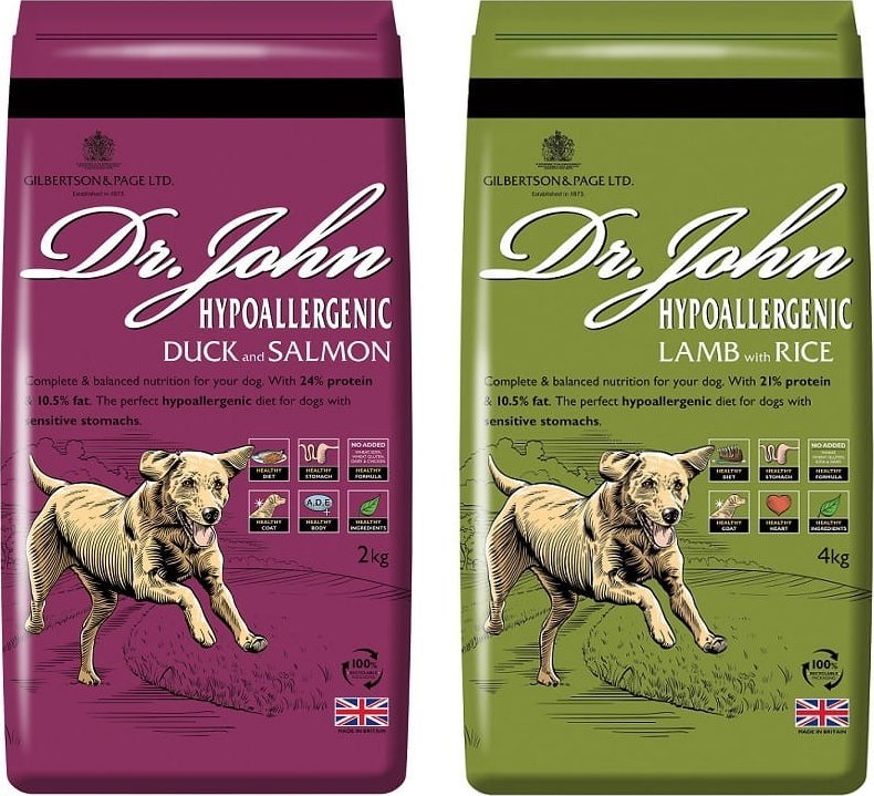 Zestaw karm hipoalergicznych bez kurczaka Dr John Lamb with Rice 4kg i Dr John Duck and Salmon 2 kg 1