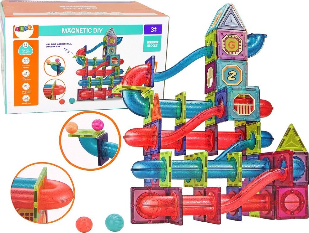 Magnetyczne Klocki Bloczki 145 Elementów 3D Zjeżdżalnia Dla Piłek LEAN Toys 1
