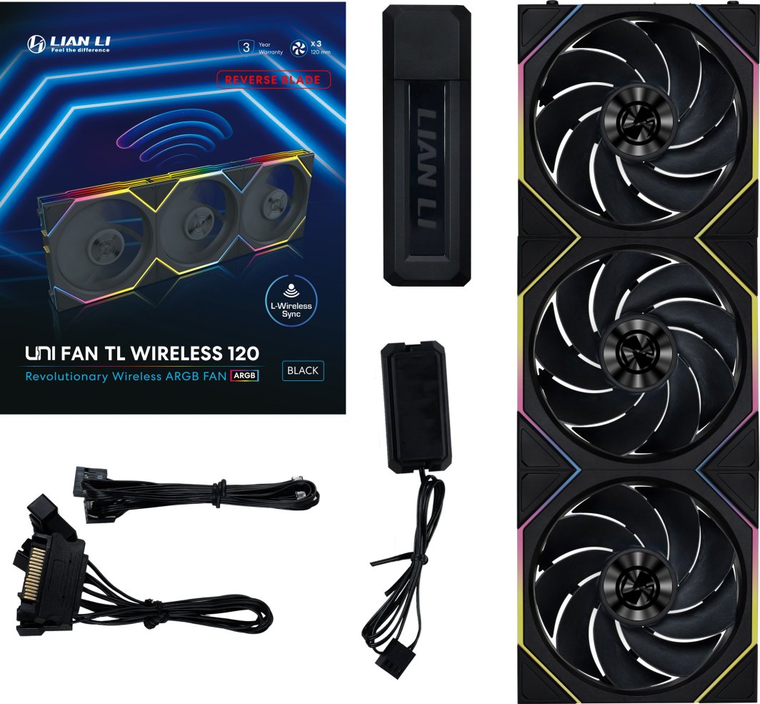 Lian Li UNI FAN TL Wireless Lüfter, ARGB, PWM, 3er-Pack - Reverse Blade, 120mm, schwarz 1
