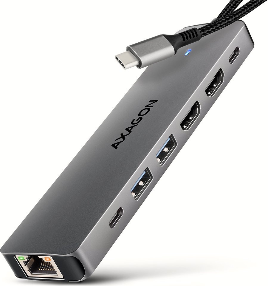 ML AXAGON HMC-7HX2 Wieloportovy hub USB 7in1, 5Gbps, 2x USB-A, 1x USB-C, 2x HDMI 4K/60Hz, GLAN, PD 100W, 15cm USB-C kabel 1