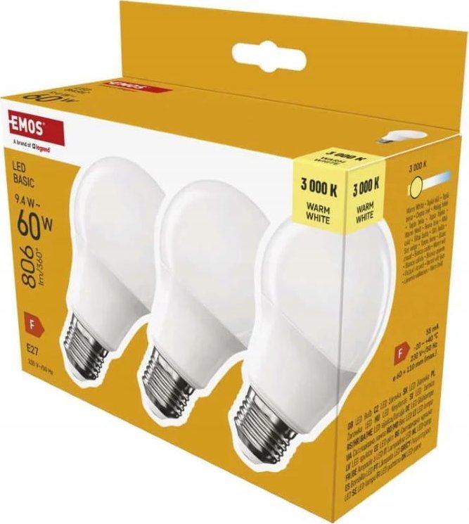 Zestaw 3 żarówek energooszczędnych LED E27 barwa ciepła biała 9,4 W 806 lm
