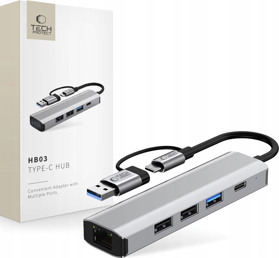 TECH-PROTECT HB03 HUB ADAPTER 5IN1 TYPE-C + USB2.0 + USB3.0 + RJ45 SPACE GREY 1