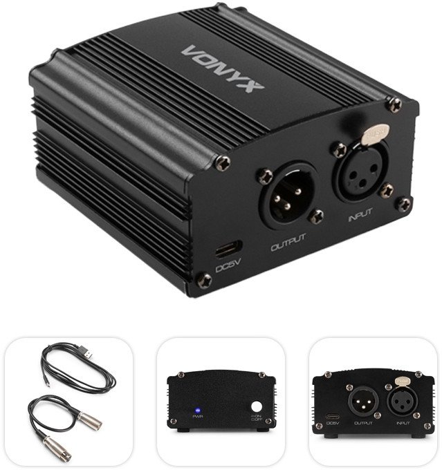 ML Zasilacz phantom Vonyx VDX10 48 V - USB-C - zbalansowane wejście i wyjście XLR - czarny 1