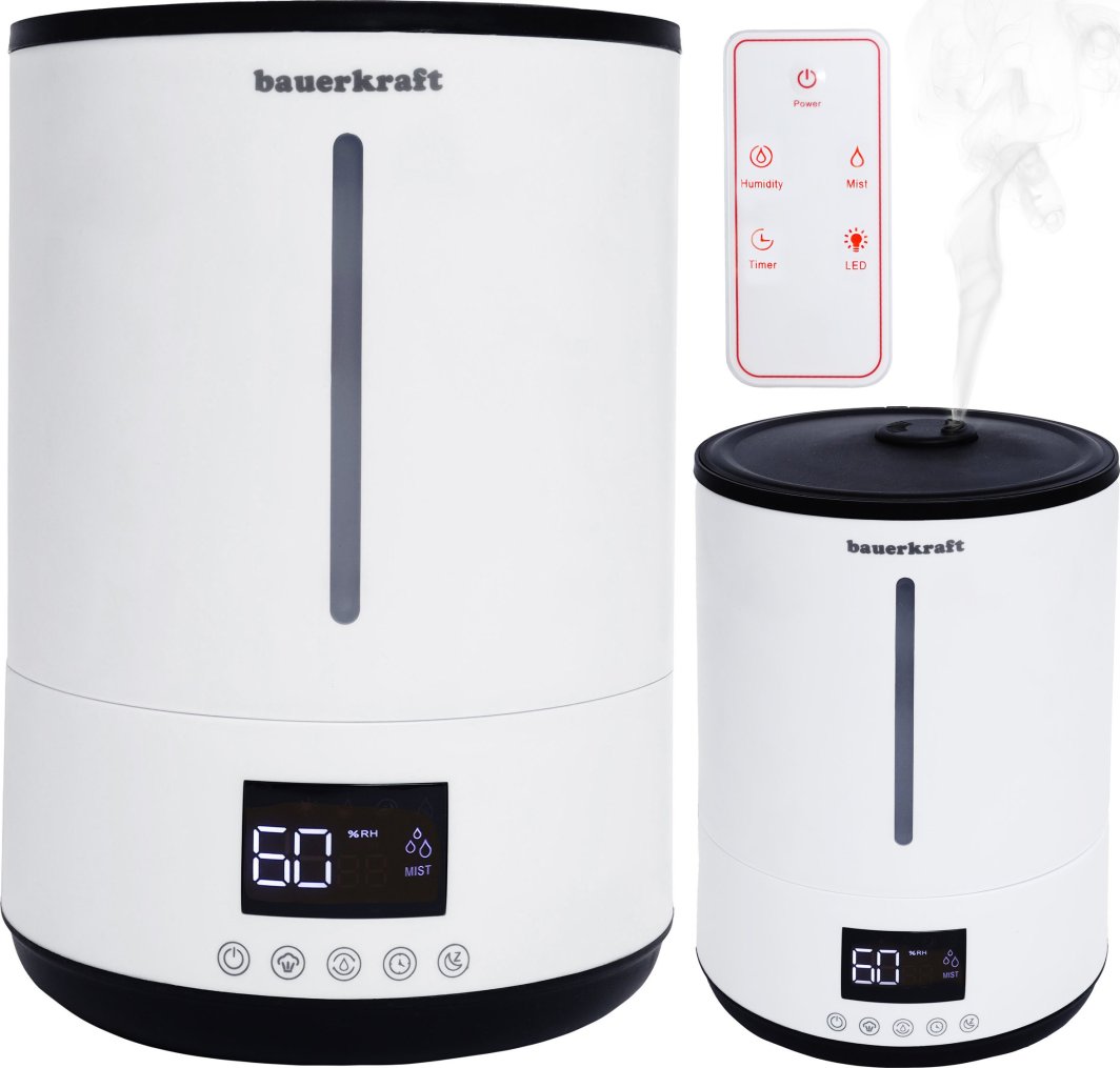 Nawilżacz powietrza filtr odkamieniający aromaterapia pilot timer podświetlenie Bauerkraft 1