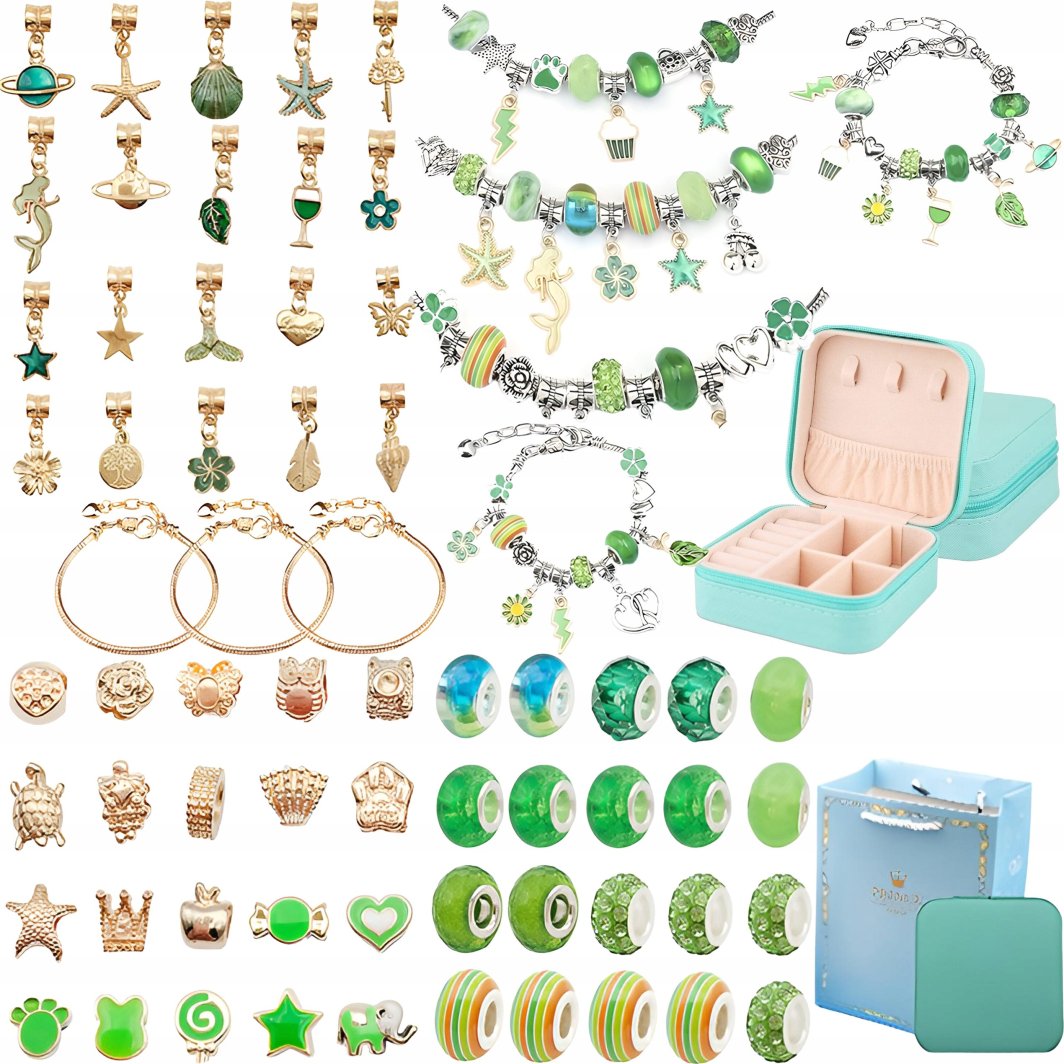 Zestaw Do Tworzenia Robienia Biżuterii, Bransoletek, Charmsy, Zawieszki, Koraliki ODCIENIE ZIELENI 1