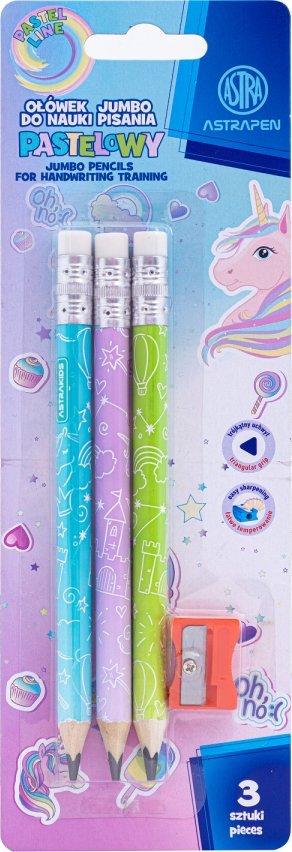 Ołówki grafitowe trójkątne HB jumbo ASTRAKIDS UNICORN + temperówka - 3+1 szt. blister 206023902 1