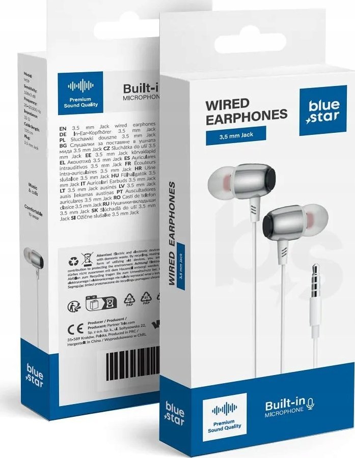 BLUE STAR słuchawki przewodowe Jack 3,5 mm z mikrofonem M09 1,2 m białe 1