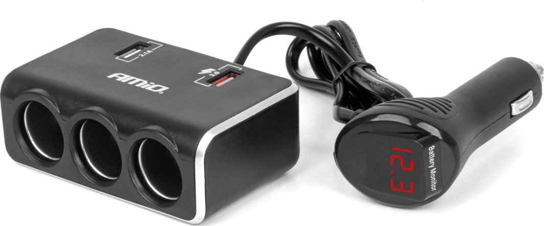 Rozdzielacz gniazda zapalniczki z ładowarką 2x usb-a qc3.0 12v 24v 120w 80cm amio-04364 1