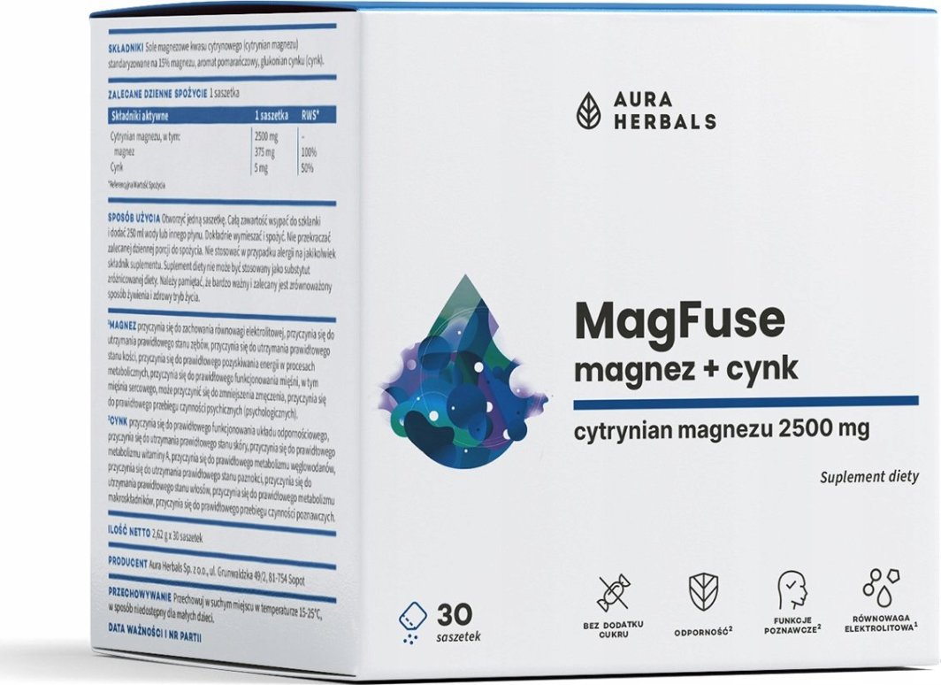 Aura Herbals MagFuse Magnez + cynk suplement diety 30x2,62g 1