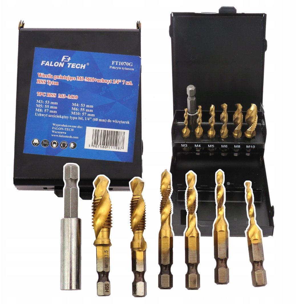 Wiertła gwintujące HSS M3-M10 z uchwytem 1/4 7 szt.