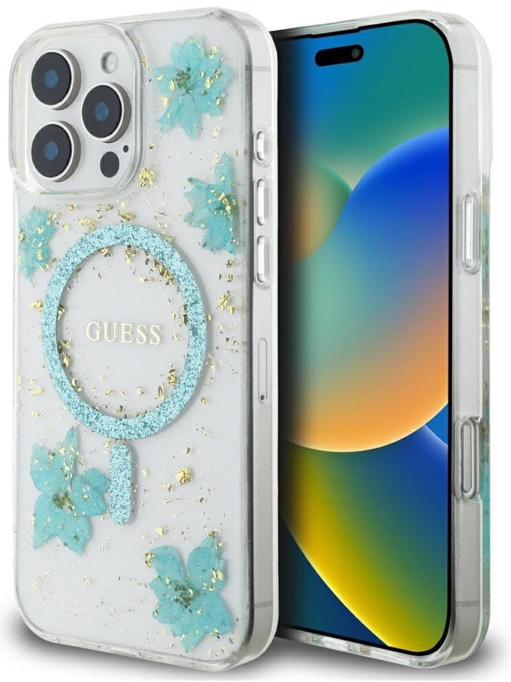 Etui Guess Resin Flowers Glitter MagSafe do Apple iPhone 16 Pro Max turkusowy 1