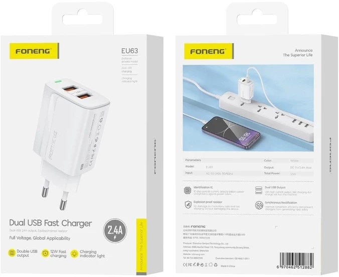 FONENG ładowarka sieciowa EU63 2.4A 12W 2xUSB Biały standard 1