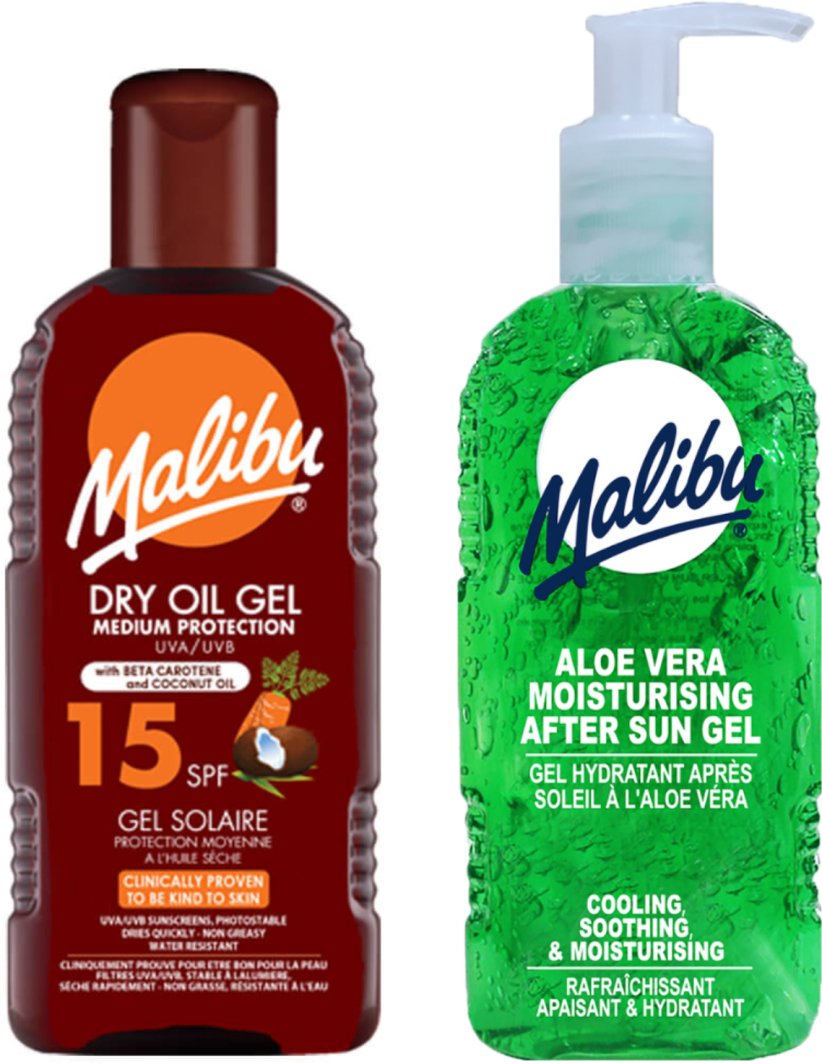 Malibu Suchy Olejek W Żelu SPF15 200ml + Aloe Żel Po Opalaniu 200ml 1