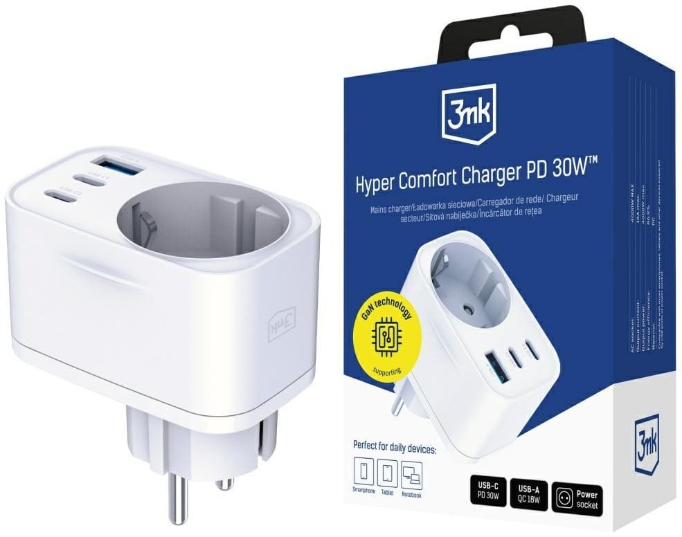 Adapter sieciowy 3MK Hyper Comfort       Charger 30W 1xUSB-A 2xUSB-C 1xSchuko PD QC3.0 biały 1