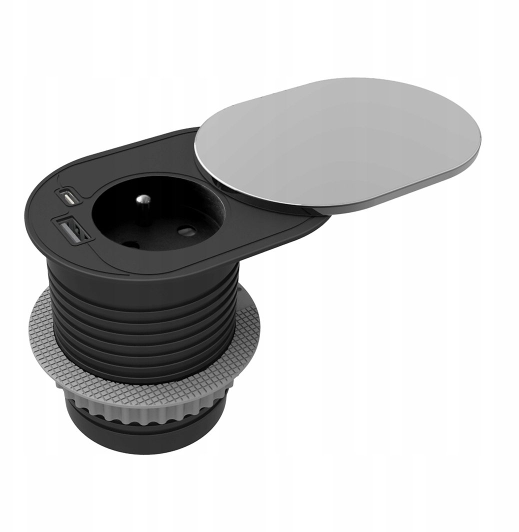 Gniazdo meblowe ?6cm, wpuszczane w blat z przesuwną pokrywką, ładowarką USB i przewodem 1,9m, 1x2P+Z (French), 1xUSB (typ A+C; PD20W), srebrne 1