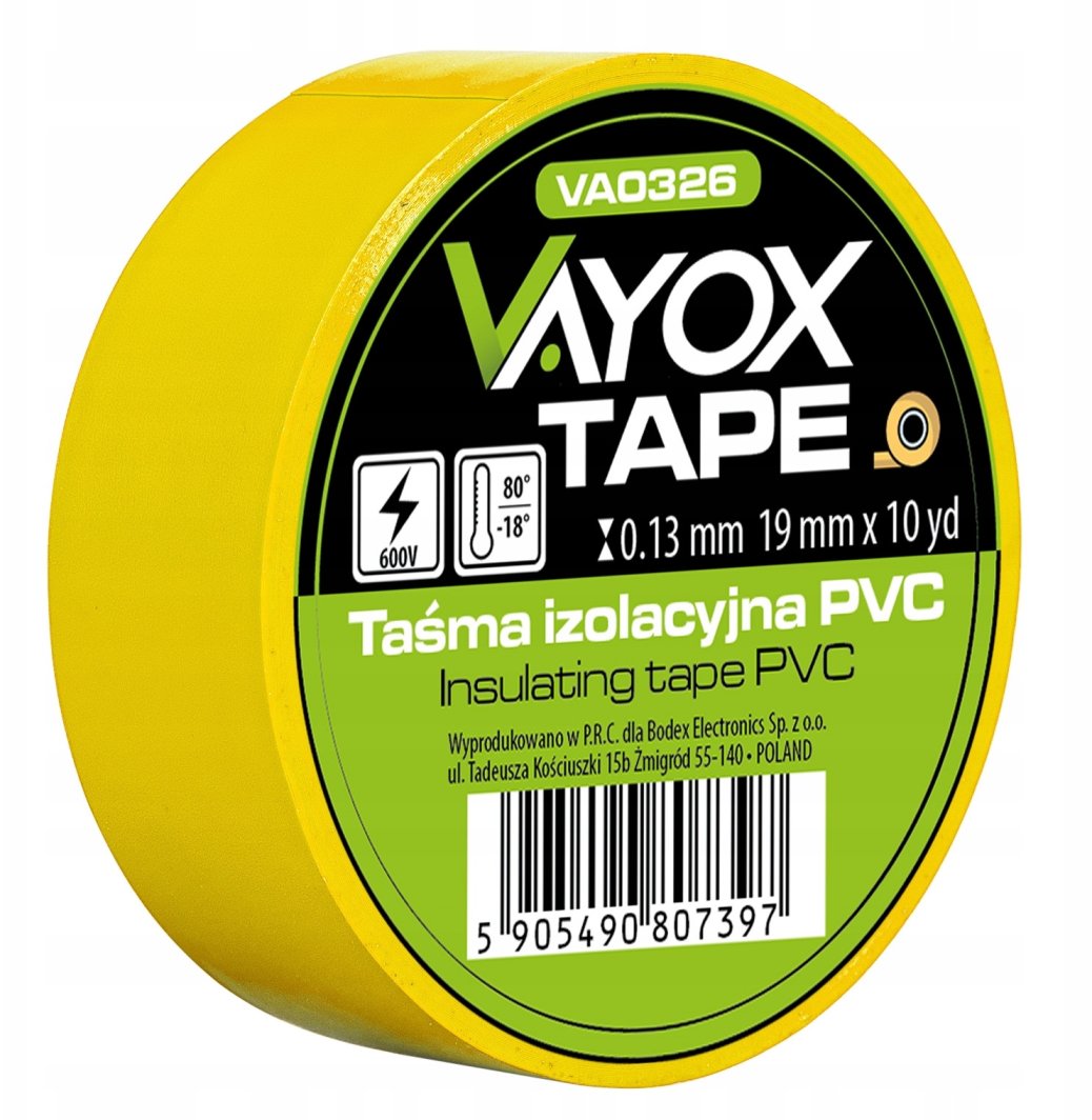 Taśma izolacyjna PVC 19mm x 10yd żółta VA0326 Vayox 1