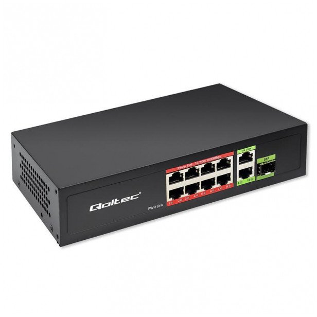 Switch niezarządzalny Qoltec przełącznik sieciowy FAST Ethernet 8x RJ45 PoE 2x RJ45 Uplink 1x SFP | 120W | 1000 Mb/s 1