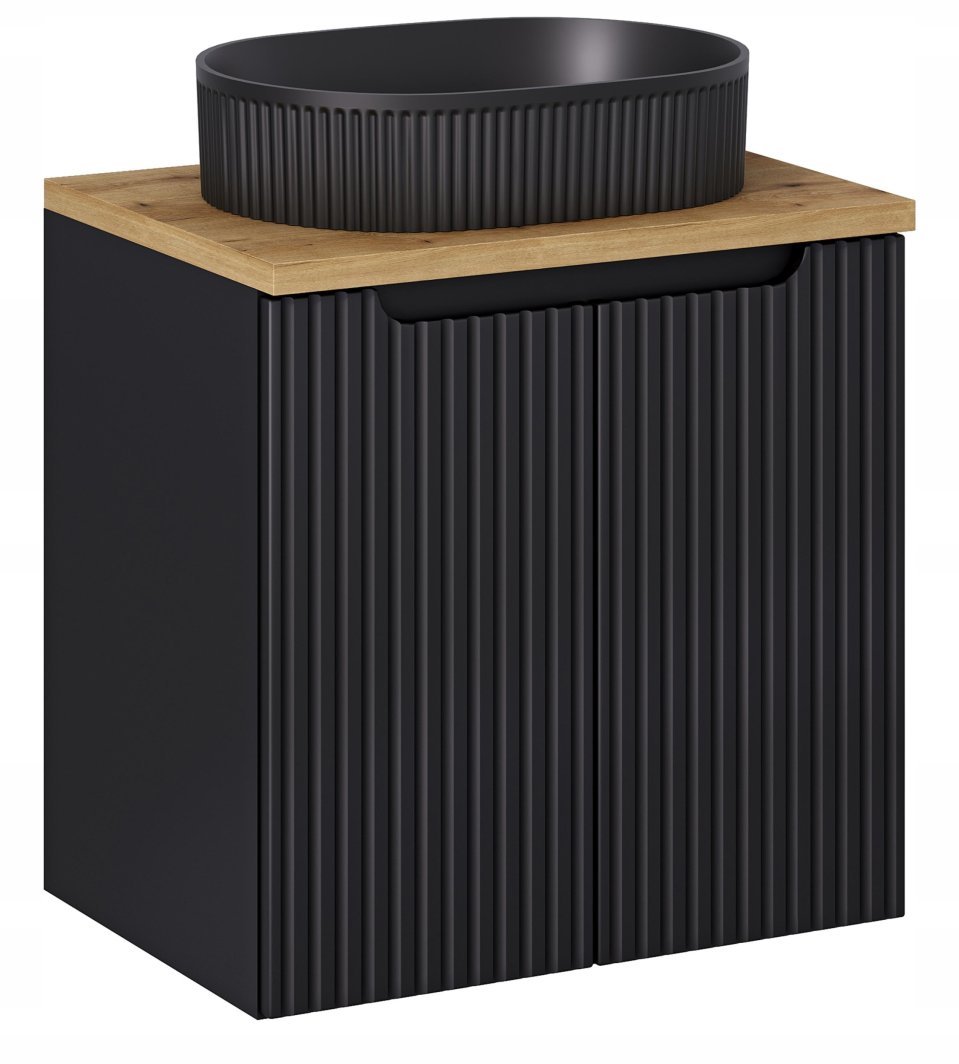 CZARNA RYFLOWANA szafka łazienkowa NOVA BLACK z umywalką i blatem OAK 60 cm 1