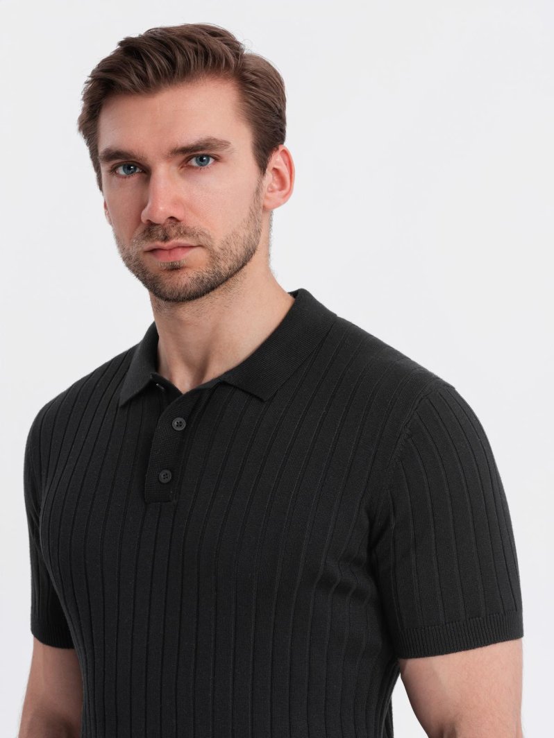 Męska koszulka polo z wiskozą SLIM FIT w pionowy prążek  czarna V1 OM-POSS-0143 L 1