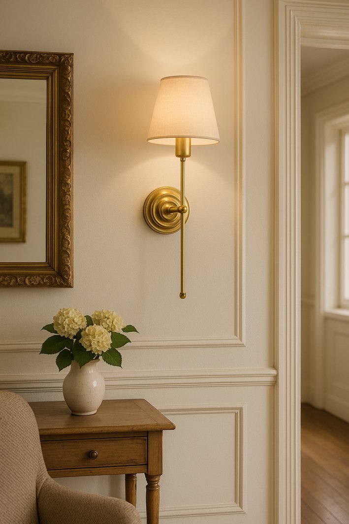 Kinkiet ścienny z mosiądzu z abażurkiem