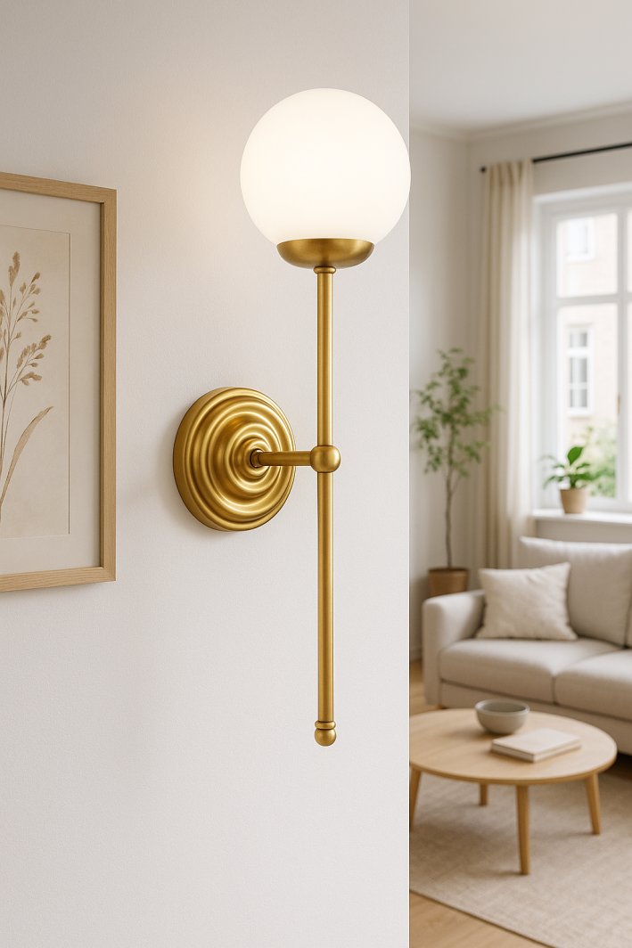 Kinkiet ścienny z mosiądzu ze szklanym kloszem - elegancja i styl do twojego salonu