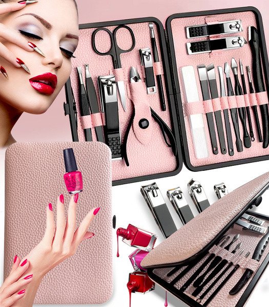 ZESTAW DO MANICURE 18 ELEMENTÓW CZARNY ELEGANCKI PRZENOŚNY OBCINACZ DO PAZNOKCI NOŻYCZKI SKÓRA 1