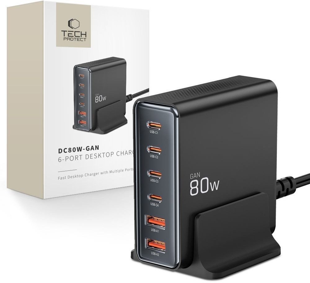 TECH-PROTECT DC80W-GAN 6-PORT DESKTOP CHARGER PD80W/QC3.0 BLACK 1