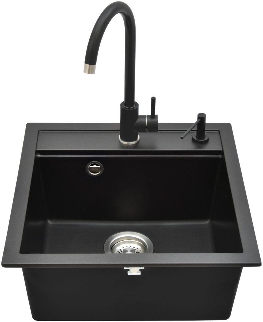 Stone sink 49x51x20 cm and mixer tap set; black; soap dispenser 1