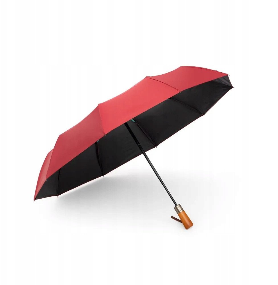 Automatyczny składany parasol z drewnianą rączką 10-ramienny XXL 115 cm czerwony 1