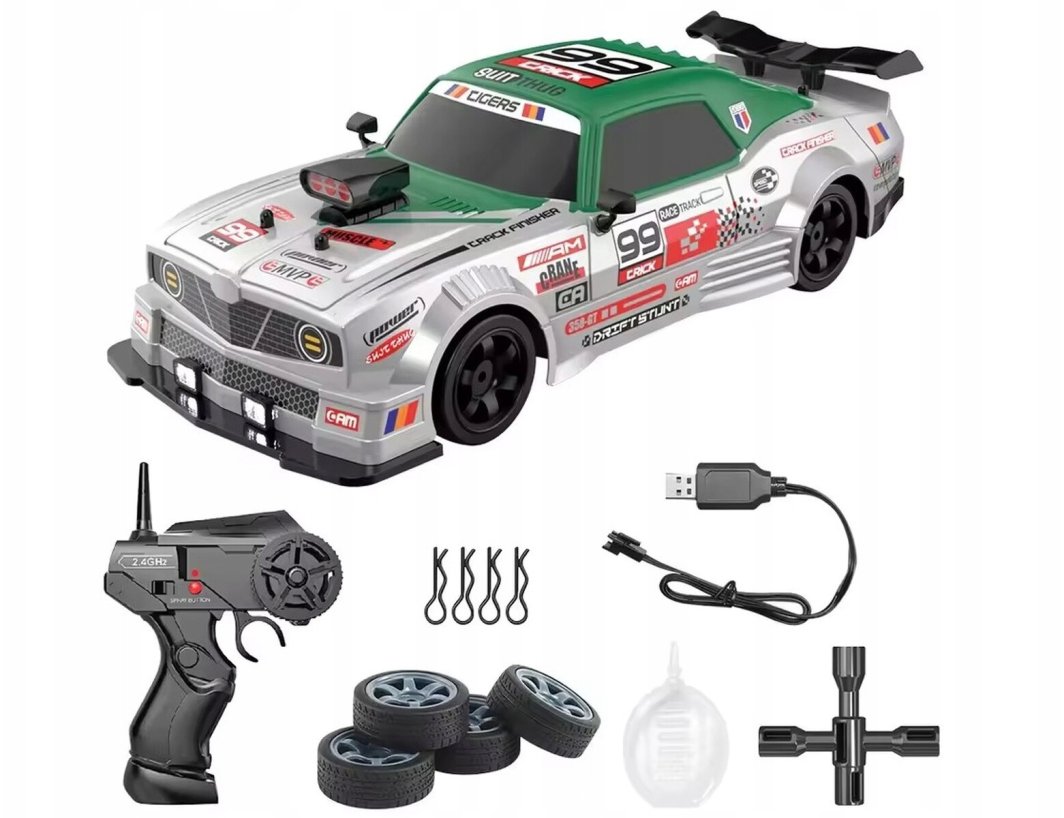 DUŻY Samochód Do Driftu Auto RC Drift 1:16 2,4 GHz PARA DYM Srebrny Dodge 4WD LED 1