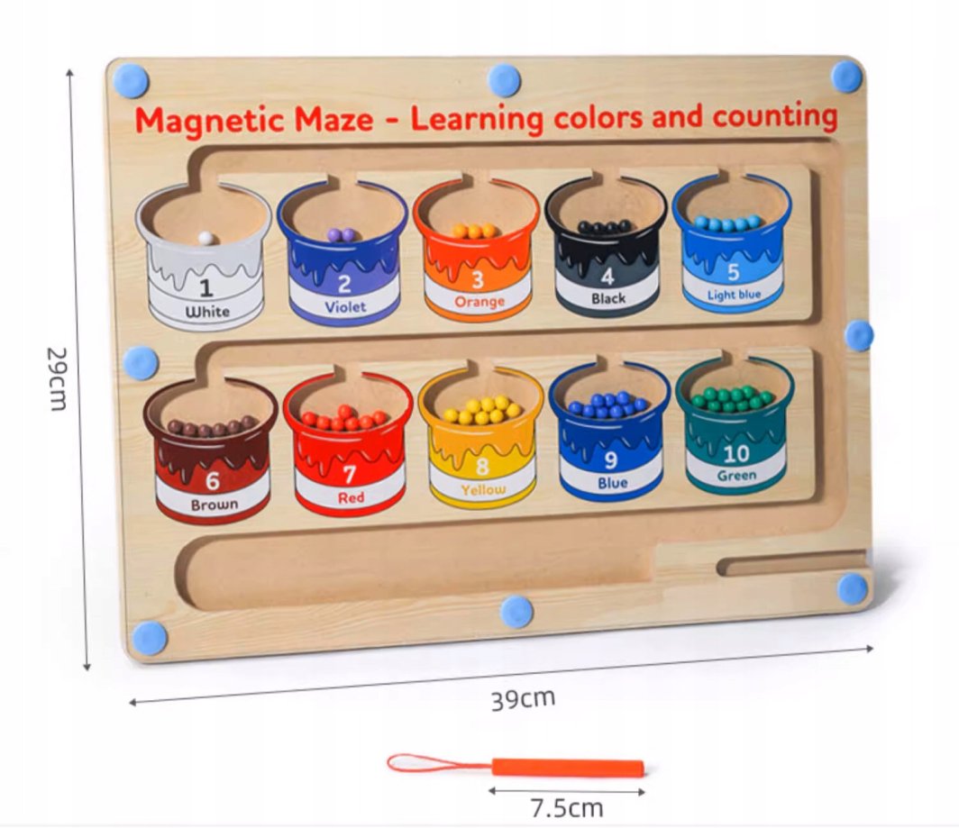 DREWNIANY LABIRYNT MAGNETYCZNY MONTESSORI NAUKA KOLORÓW I LICZENIA 1