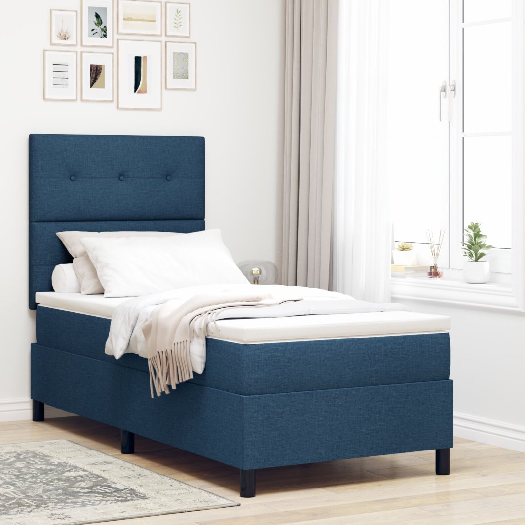 vidaXL Łóżko Box Spring z Materacem Niebieskie Pojedyncze Tkanina 1