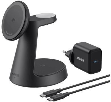 ANKER MagGo 3-in-1 Charging Station kabellose Ladestation schwarz Qi2 15W fuer iPhone inkl. zertifiziertes Modul f�r Apple Watch 1