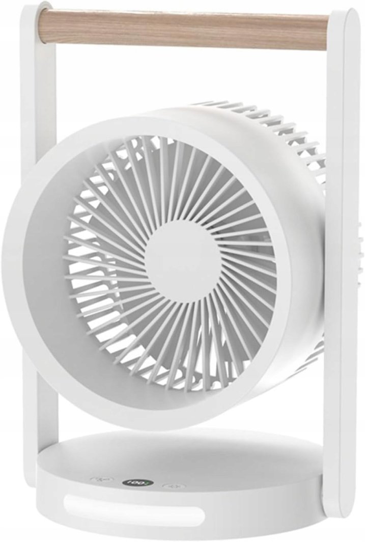 WENTYLATOR BIURKOWY Z DREWNIANĄ RĄCZKĄ, POZIOMY PRĘDKOŚCI, Z LAMPKĄ NOCNĄ, WYŚWIETLACZ, WSKAŹNIK NAŁDAOWANIA , LADOWANIE USB C, 10W, 3600 mAh,6,4" 1