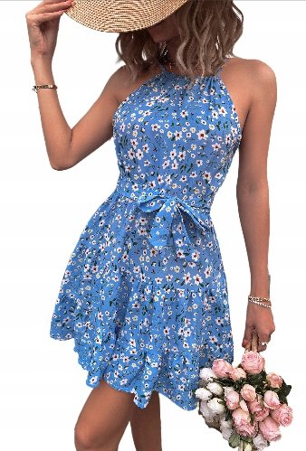 Piękna damska sukienka mini modna w kwiaty niebieska blue wiązana XL 1