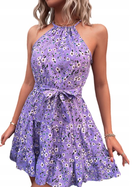 Piękna damska sukienka mini modna w kwiaty fioletowa wiązana XL 1